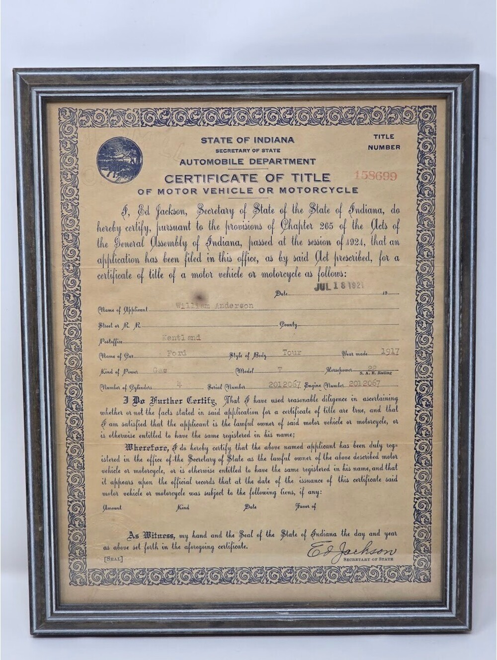 1917 Indiana Certificate Of Title Framed Document Ford Touring Car Dated 1921